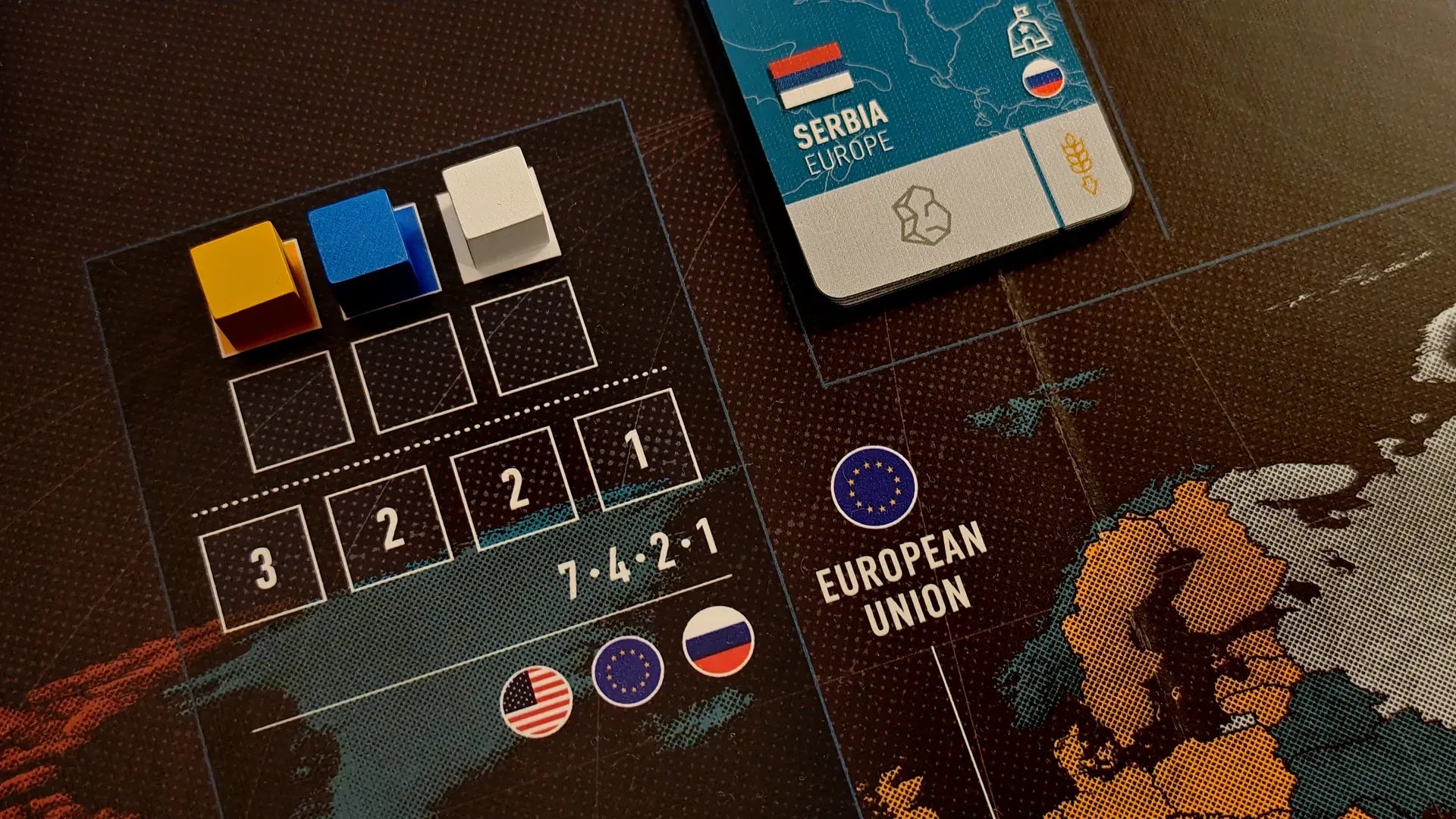 World Order board game box by Hegemonic Project Games, components on a world map with Serbia and European Union labels.
