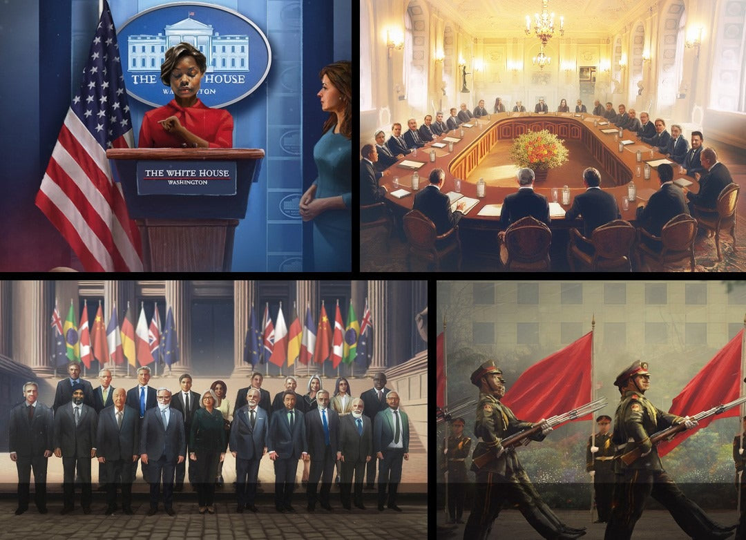World Order board game box by Hegemonic Project Games, Collage of images including a press conference, a formal meeting, a group photo, and military personnel with flags.
