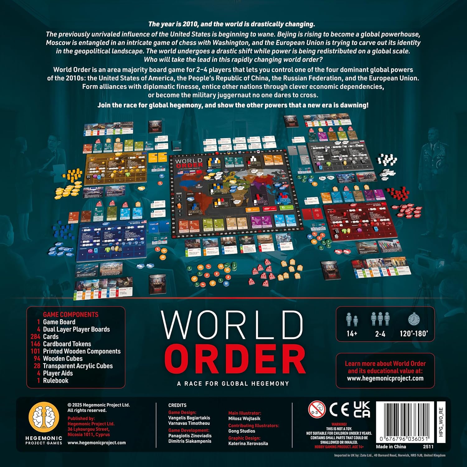 Back cover of the World Order board game box by Hegemonic Project Games featuring a dark tactical map with a large red-and-white title, product overview text, component counts, age icons, and a barcode.