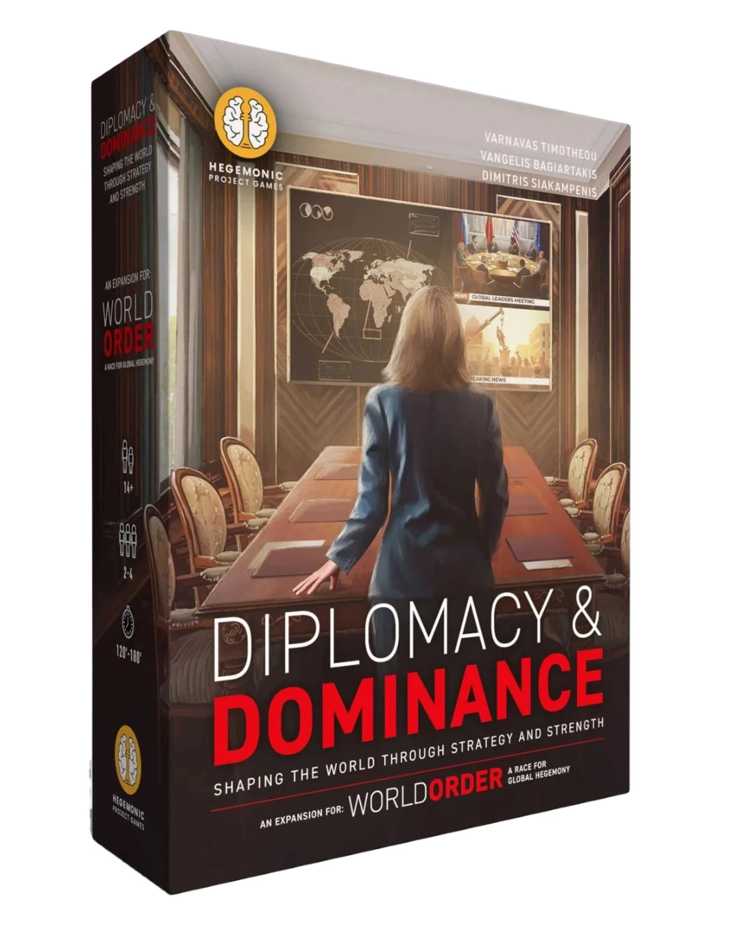World Order board game expansion product titled "Diplomacy & Dominance" shown at a slight angle on a plain white background. The box art depicts a woman standing in a conference room with a world map on the wall, and the title is printed prominently in white and red text.