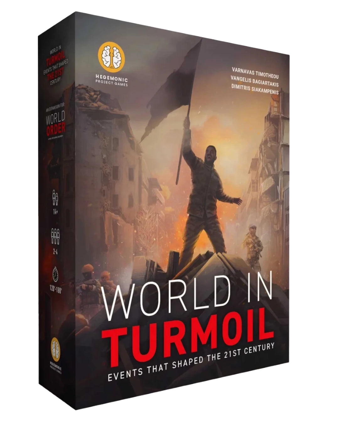 World in Turmoil board game box set shown at a three-quarter angle on a plain white background. The box features a dark, dramatic illustration of a figure holding a flag amidst ruined buildings and smoke, with the title 'WORLD IN TURMOIL' in large white and red text.