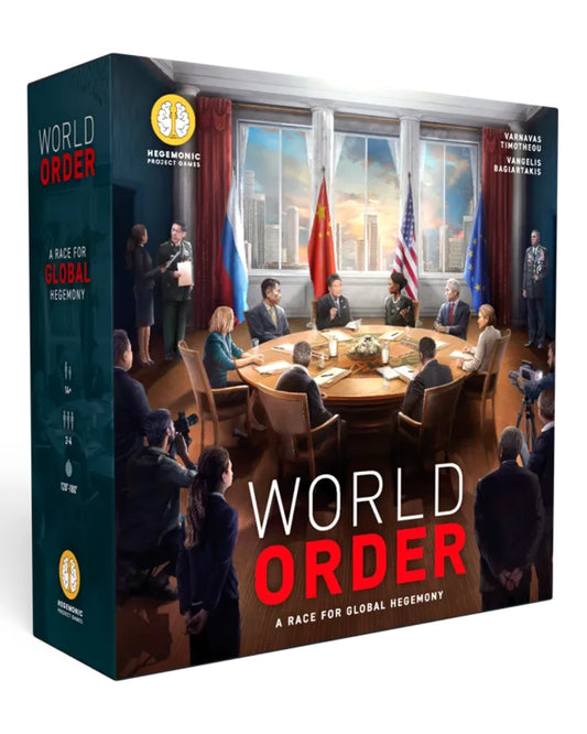 World Order board game box by Hegemonic Project Games, featuring a dark teal spine and front cover with a dramatic historical meeting scene in a conference room, large windows, flags, and bold red and white title text.