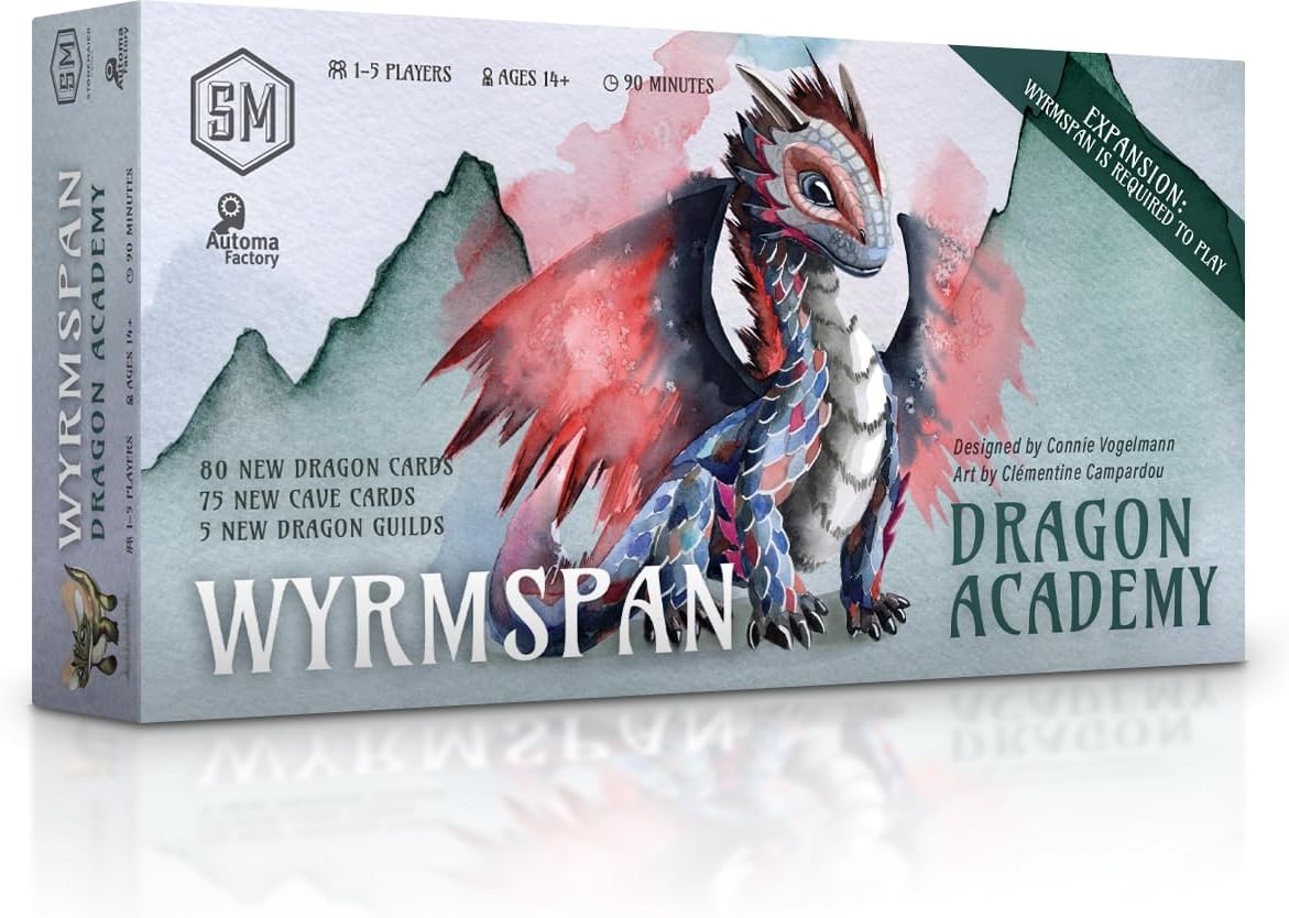 Box of Wyrmspan Dragon Academy expansion with dragon illustration on a white background