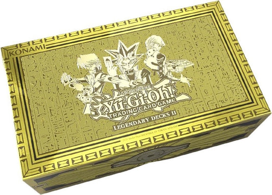 A boxed set of the Yu-Gi-Oh! Legendary Deck II game, featuring an illustration of the characters Yugi, Kaiba, and Joey on the cover.