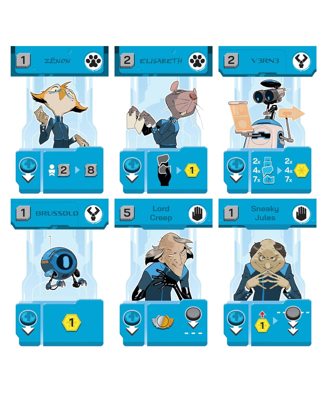 Set of character cards from the card game Zenith, with illustrated characters and icons.