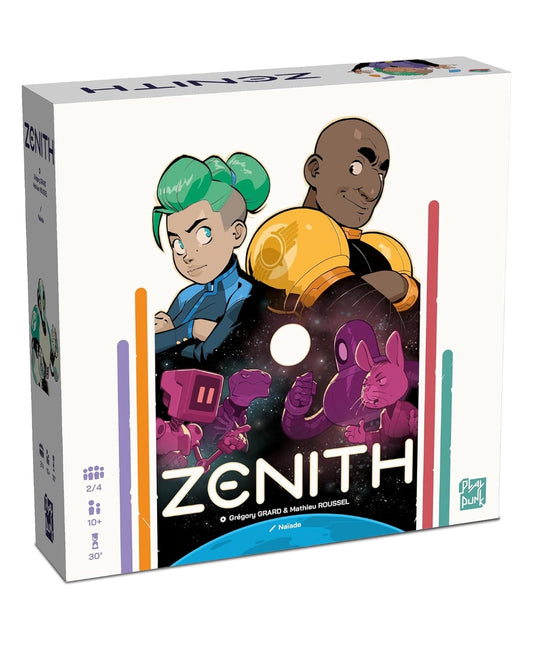 Board game box titled 'Zenith' with colourful characters on a white background